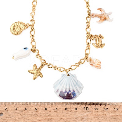 304 Stainless Steel Starfish & Porcelain Fish & Resin & Natural Shell Pendant Necklaces for Women NJEW-F352-03G-1