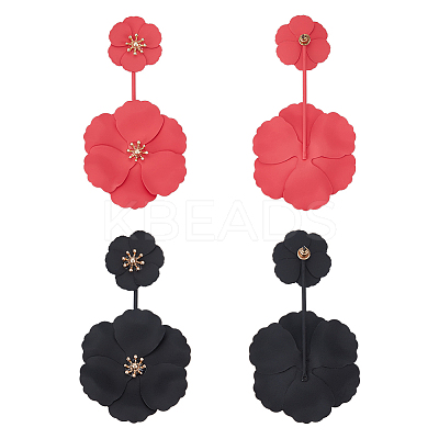 2 Pairs 2 Colors Alloy Double Flower Dangle Stud Earrings EJEW-AN0001-31-1