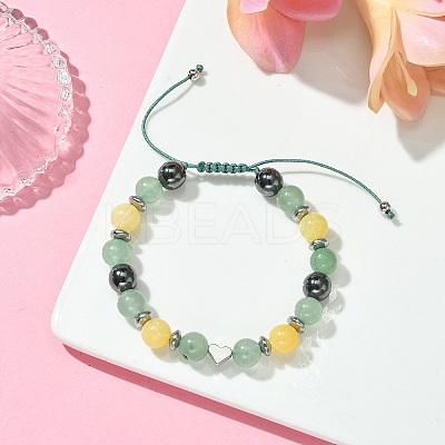 Natural Green Aventurine & Topaz Jade & Brass Heart Braided Bead Bracelet BJEW-JB09703-02-1