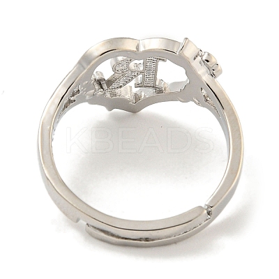 Heart with Letter & Flower Rack Plating Brass Adjustable Rings for Women RJEW-I105-05P-R-1