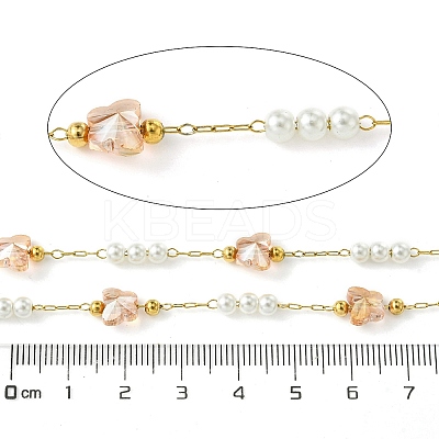 10M Ion Plating(IP) 304 Stainless Steel & ABS Plastic Pearl Bead & Butterfly Glass Link Chains CHS-G035-04G-08-1