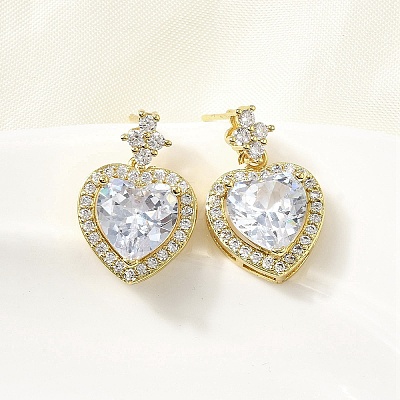 Brass Clear Cubic Zirconia Heart Dangle Stud Earrings EJEW-L261-021G-1