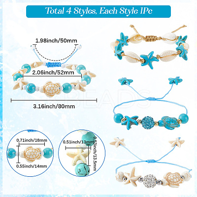 4Pcs 4 Style Turtle & Starfish & Round Synthetic Green Turquoise Braided Beaded Bracelets Sets BJEW-SC0001-43-1