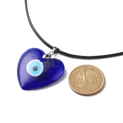 Blue Lampwork Evil Eye Pendant Necklace with Waxed Cord for Women NJEW-JN03955-03-1
