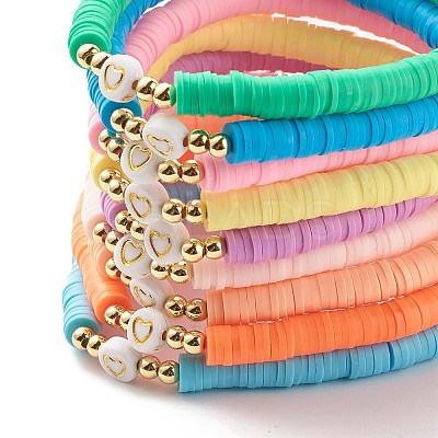 Handmade Polymer Clay Heishi Beads Stretch Bracelets Set with Heart Patter Beads for Women BJEW-JB07450-1