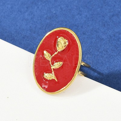 Oval with Rose Pattern 304 Stainless Steel Enamel Finger Rings for Women RJEW-G355-10G-02-1