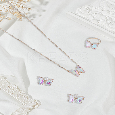 Butterfly Alloy Glass Pendant Necklaces & Stud Earrings & Rings Sets for Women SJEW-LP0001-25A-1