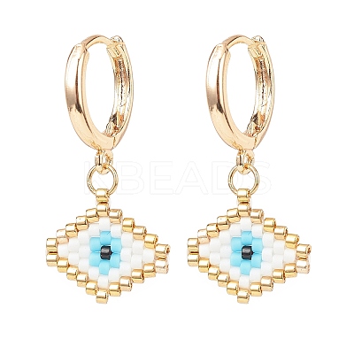 Japanese Seed Braided Rhombus with Evil Eye Dangle Hoop Earrings EJEW-MZ00002-01-1