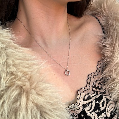 Round Ring 925 Sterling Silver Micro Pave Cubic Zirconia Pendant Necklaces for Women NJEW-F338-07P-1