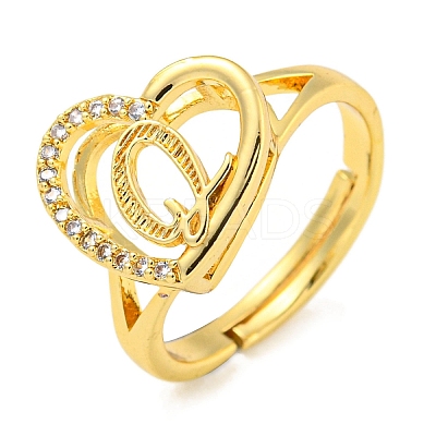 Heart with Letter Rack Plating Brass Micro Pave Cubic Zirconia Adjustable Rings for Women RJEW-I105-06G-Q-1