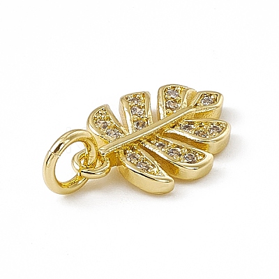 Brass Micro Pave Clear Cubic Zirconia Leaf Charms ZIRC-F132-62G-1