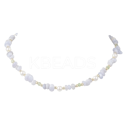 Natural Blue Lace Agate Chip & Dyed Natural Malaysia Jade & Synthetic Hematite & Shell Pearl Bead Necklace & Bracelets Sets SJEW-JS01377-1