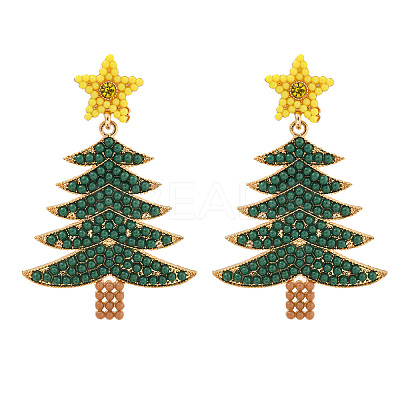 Christmas Tree Alloy & Acrylic Beaded Dangle Stud Earrings for Women EJEW-G406-01G-01-1