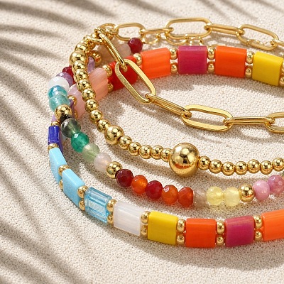 Colorful Glass Gemstone Brass Beaded Stretch Bracelet Sets TV5355-1