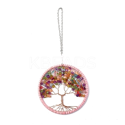 Wire Wrapped Chips Dyed Glass & Natural Amethyst Big Pendant Decorations HJEW-A005-01B-1