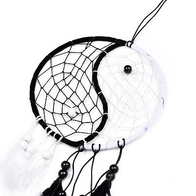 Yin Yang Woven Net/Web with Feather Pendant Decoration HJEW-I012-01-1