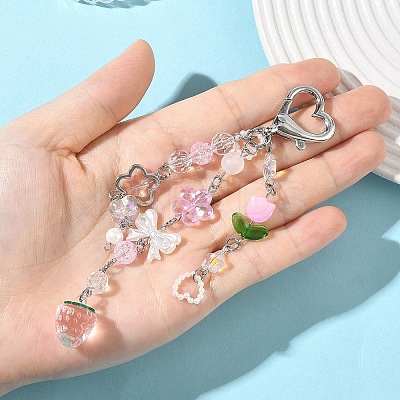Strawberry Acrylic & Handmade Lampwork & Glss Pendant Decorations HJEW-YW00119-1