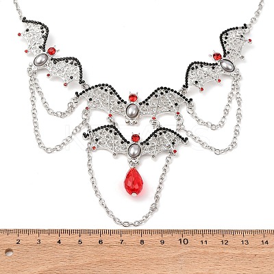 Halloween Bat Alloy Siam Rhinestone Bib Necklaces for Women NJEW-P340-02P-1