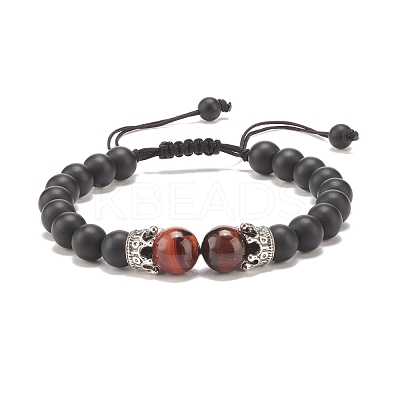Natural Frosted Dyed & Heated Black Agate & Tiger Eye Braided Bead Bracelet with Alloy Crown BJEW-JB08249-05-1