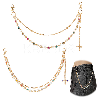 2Pcs 2 Styles Acrylic Colorful Rhinestone & Round Plastic Pearl Link Chain Double Layer Alloy Cross Charm Jean Chains AJEW-HS0001-26KCG-1