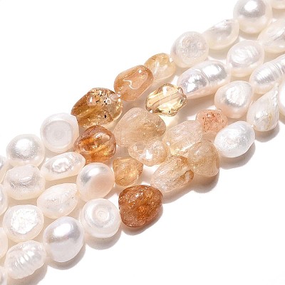 Heated Natural Citrine Nuggets & Natural Cultured Freshwater Pearl Beads Strands PEAR-N023-01A-15-1