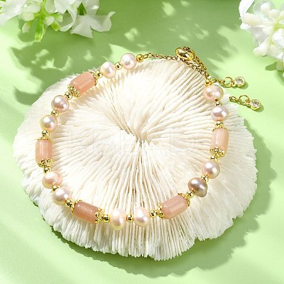 Adjustable Natural Sunstone & Cultured Freshwater Pearls Beads Slider Bracelets for Women BJEW-JB14030-02-1