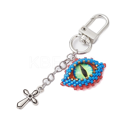 Evil Eye Glass Seed Loom & Cross Alloy Pendant Decoration HJEW-MZ00082-1