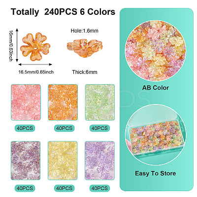240Pcs 6 Colors Transparent UV Plating Acrylic Bead Caps OACR-TA0002-95-1