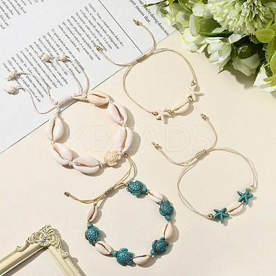 4Pcs 4 Style Natural Shell & Synthetic Turquoise Braided Bead Bracelets BJEW-SC0001-54-1