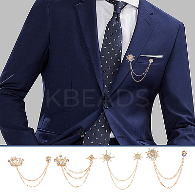 4Pcs 4 Styles Rhinestone Crown & Star Hanging Chain Brooch JEWB-OC0001-09-1