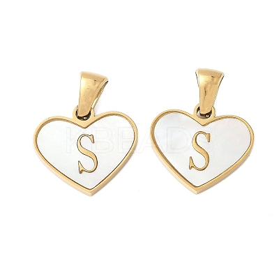 304 Stainless Steel Pave Natural White Shell Heart with Initial Slice Pendants STAS-R168-25G-S-1