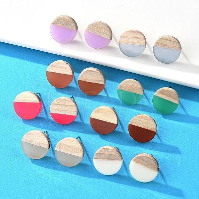 Resin & Wood Stud Earrings EJEW-N017-003A-1