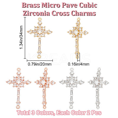 6Pcs 3 Colors Brass Pave Clear Cubic Zirconia Connector Charms ZIRC-BBC0001-90-1