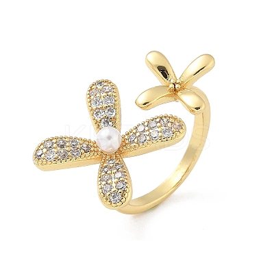 Brass Micro Pave Cubic Zirconia ABS Imitation Pearl Cuff Rings LS-RJEW-D307-02G-A-1