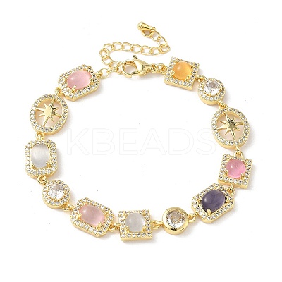 Brass Micro Pave Cubic Zirconia & Cat Eye Rectangle & Square & Oval Link Chain Bracelets for Women BJEW-G764-08G-1
