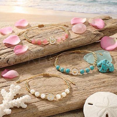 3Pcs Minimalist Adjustable Synthetic Turquoise & Watermelon Stone Glass & Natural Shell Beads Braided Bead Bracelets SR5600-4-1