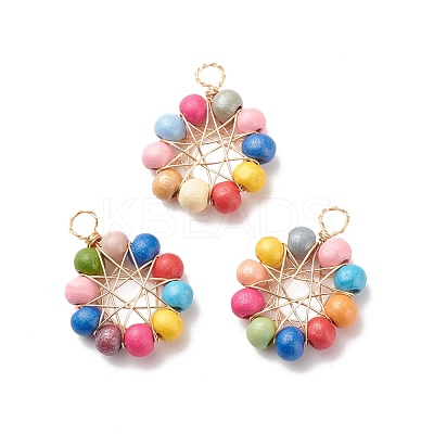 Natural Wood Round Beads Pendants PALLOY-JF01762-01-1