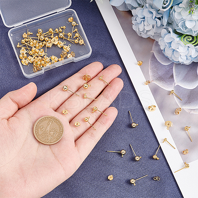 38Pcs 3 Size Brass Ball Stud Earring Post KK-AR0003-02-1