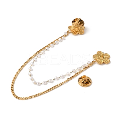 304 Stainless Steel Pave Clear Cubic Zirconia & ABS Pearl Flower Hanging Chain Brooch JEWB-S021-05G-1