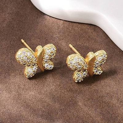 Brass Micro Pave Clear Cubic Zirconia Stud Earrings EJEW-F400-02A-G-1