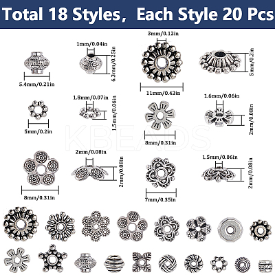 360Pcs 18 Styles Tibetan Style Beads UNKW-SC0013-08-1