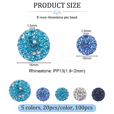 100Pcs 5 Colors Polymer Clay Pave Rhinestone Beads RB-OC0001-10A-1
