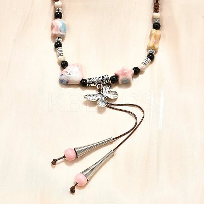 Ethnic Style Alloy & Porcelain Ceramic Beads Butterfly Pendant Tassel Y Necklaces NJEW-D308-01C-1