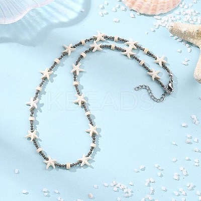 Ocean Faceted Round Natural Gold Pyrite & Synthetic Turquoise Starfish Beaded Necklaces NJEW-JN06308-1