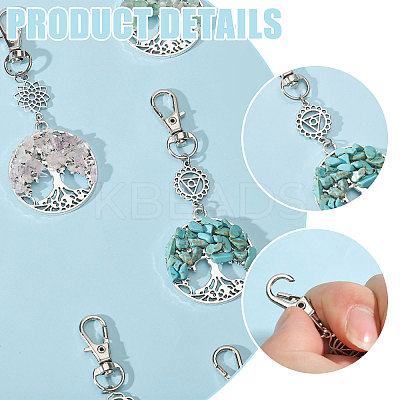 14Pcs 7 Styles Chakra Natural & Synthetic Gemstone Chips Beads & Alloy Tree of Life Pendant Decorations HJEW-FH00150-1
