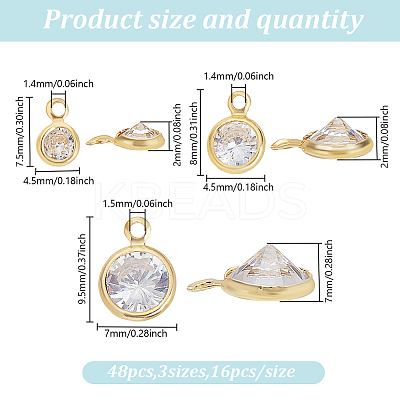 48Pcs 3 Styles Brass Micro Pave Clear Cubic Zirconia Charms FIND-GO0003-37-1