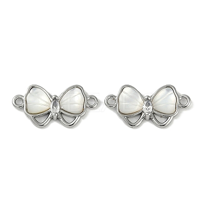 Brass Clear Cubic Zirconia Pave Natural Shell Bowknot Connector Charms KK-P283-06P-1