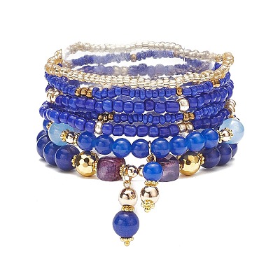 7Pcs 7 Style Natural & Synthetic Mixed Gemstone & Glass Seed Beaded Stretch Bracelets Set BJEW-JB08892-04-1