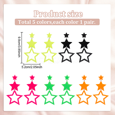 5 Pairs 5 Colors Hollow Star Acrylic Dangle Stud Earrings for Woman EJEW-AN0004-10-1