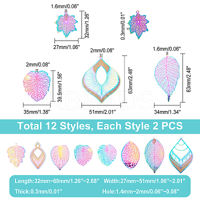 24Pcs 12 Style Ion Plating(IP) 201 Stainless Steel Filigree Big Pendants STAS-DC0005-75-1